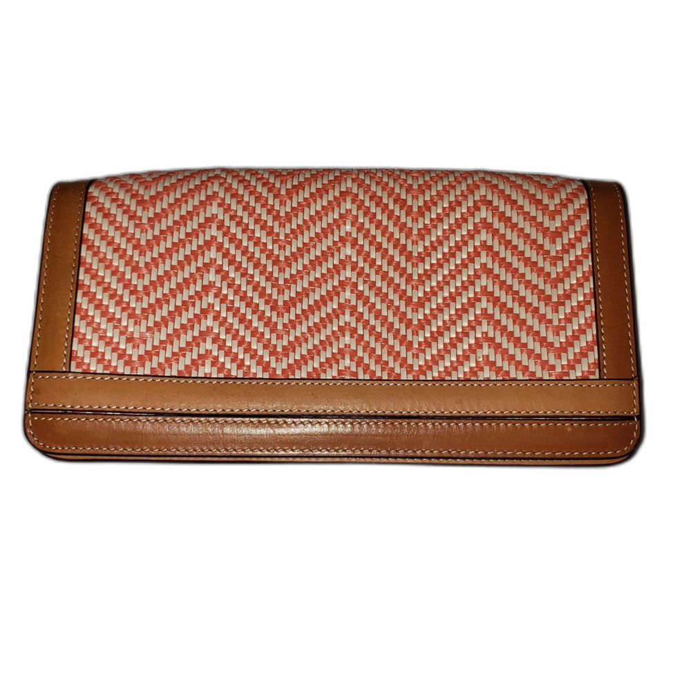 J. MCLAUGHLIN Orange Cream Woven Tan Leather Clutch Purse